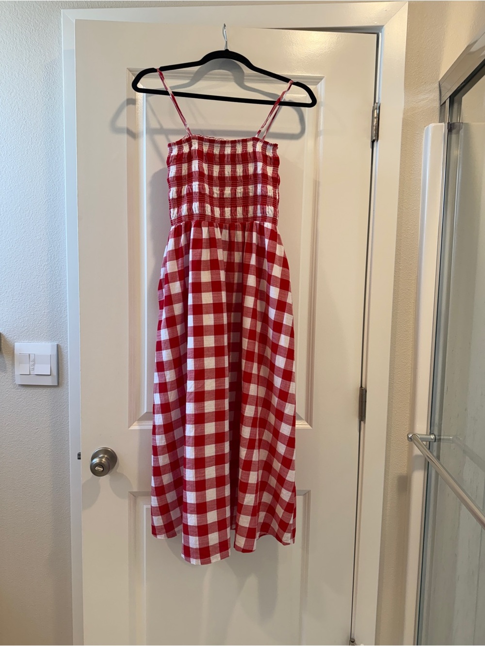 LOFT Red and White Gingham Maxi Dress with Smocked Bodice